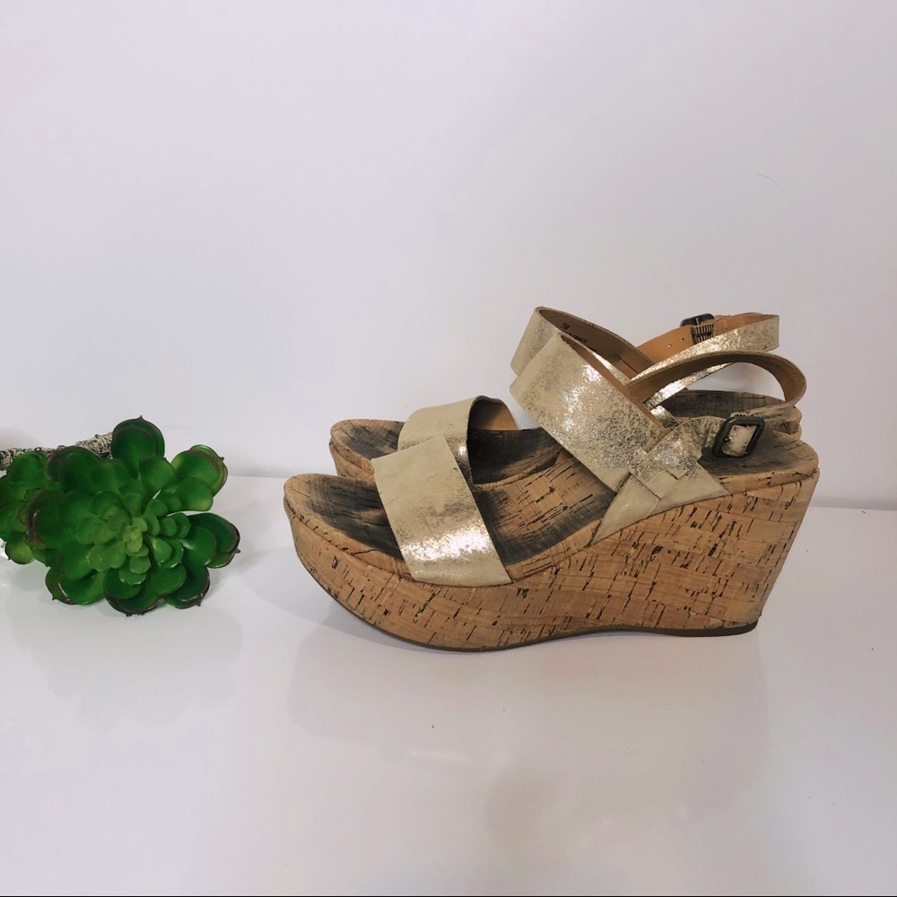 Kork-Ease Gold Leather Cork Platform Sandals